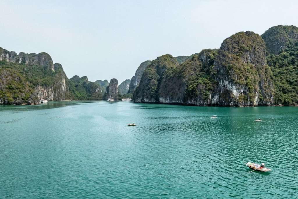 Boats among the limestone islands of Ha Long Bay, Vietnam